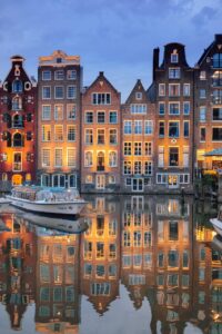 buildings, architecture, river, illuminated, reflection, mirror image, mirroring, boat, sailing, cruise, river cruise, amsterdam, nature, city, evening, night time, lights, netherlands, holland, phone wallpaper, water, sky, ship, tourism, amstelpark, amsterdam-buitenveldert, houses, aesthetic wallpaper, iphone wallpaper
